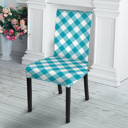 Teal And White Gingham Pattern Print Dining Chair Slipcover