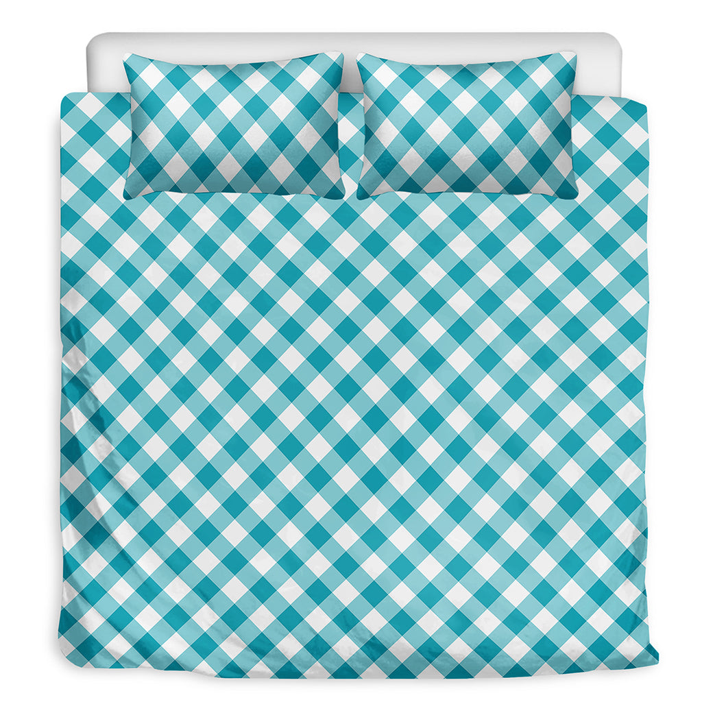 Teal And White Gingham Pattern Print Duvet Cover Bedding Set
