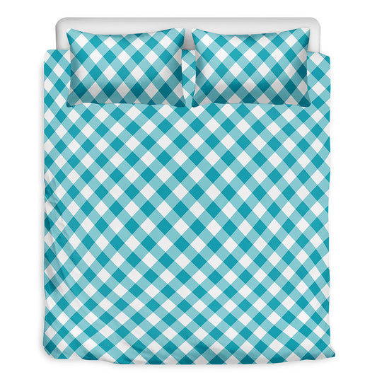 Teal And White Gingham Pattern Print Duvet Cover Bedding Set
