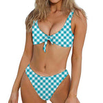 Teal And White Gingham Pattern Print Front Bow Tie Bikini