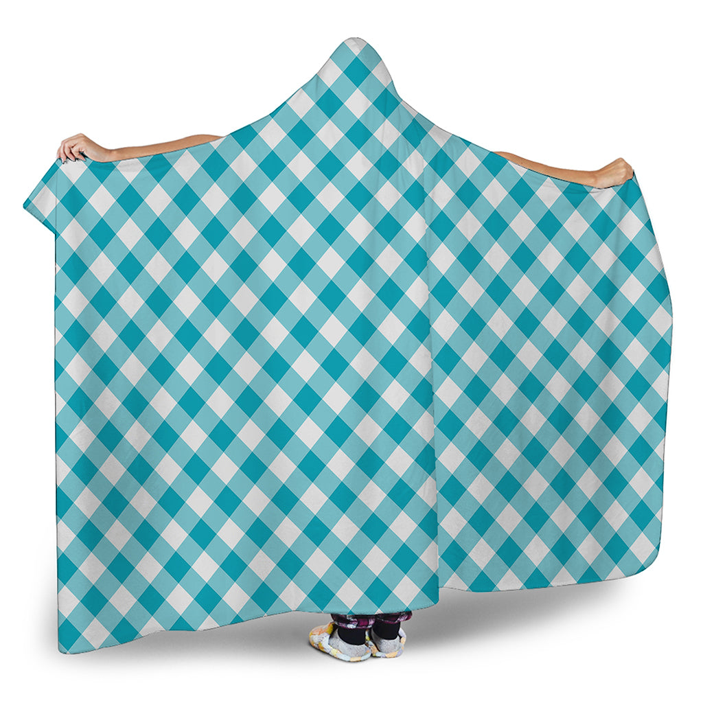Teal And White Gingham Pattern Print Hooded Blanket