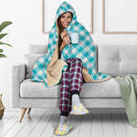 Teal And White Gingham Pattern Print Hooded Blanket
