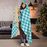 Teal And White Gingham Pattern Print Hooded Blanket