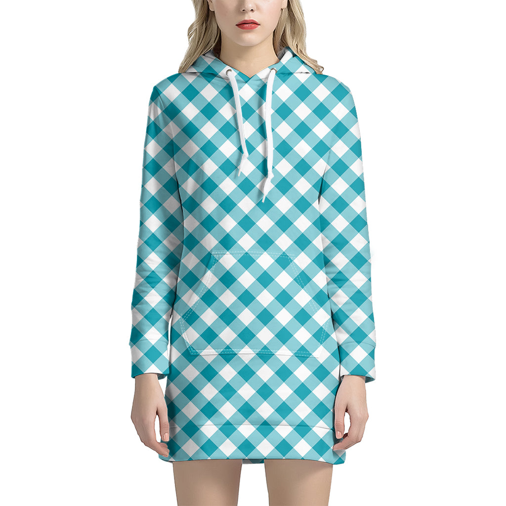 Teal And White Gingham Pattern Print Hoodie Dress