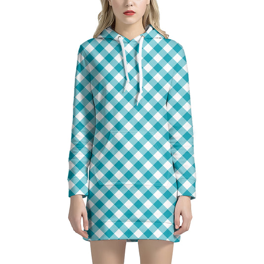 Teal And White Gingham Pattern Print Hoodie Dress