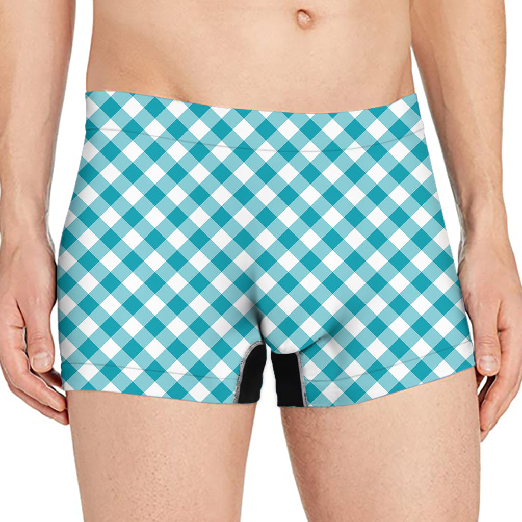 Teal And White Gingham Pattern Print Men's Boxer Briefs