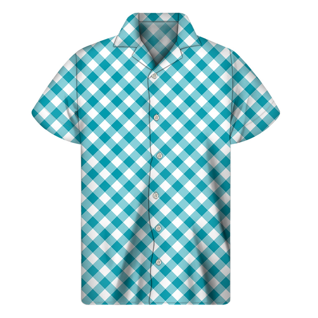 Teal And White Gingham Pattern Print Men's Short Sleeve Shirt