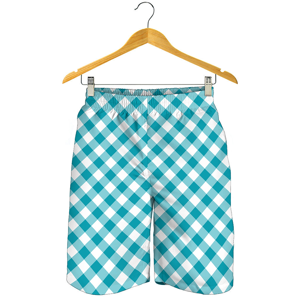 Teal And White Gingham Pattern Print Men's Shorts