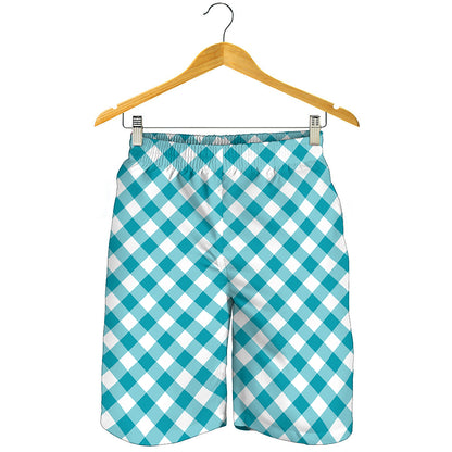 Teal And White Gingham Pattern Print Men's Shorts