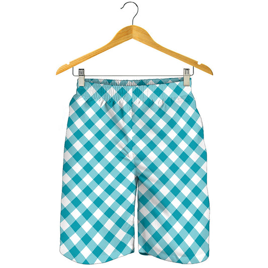 Teal And White Gingham Pattern Print Men's Shorts