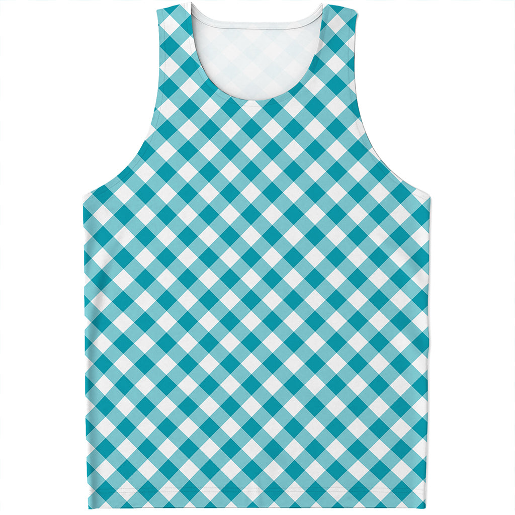 Teal And White Gingham Pattern Print Men's Tank Top