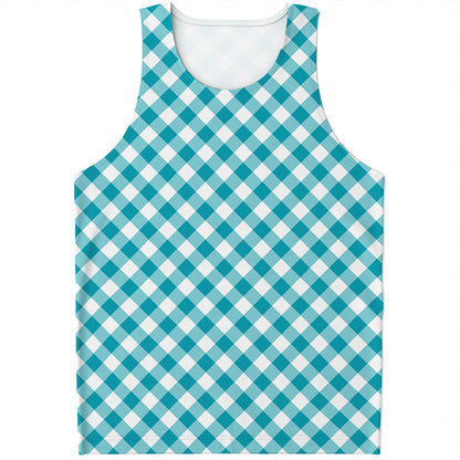 Teal And White Gingham Pattern Print Men's Tank Top