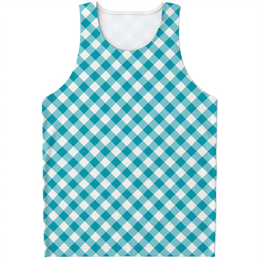 Teal And White Gingham Pattern Print Men's Tank Top