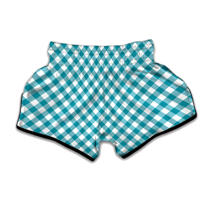 Teal And White Gingham Pattern Print Muay Thai Boxing Shorts