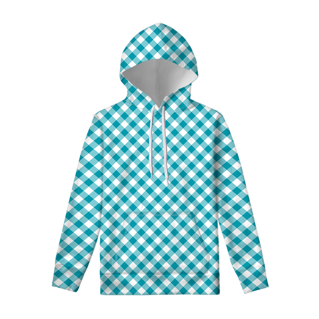 Teal And White Gingham Pattern Print Pullover Hoodie