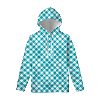 Teal And White Gingham Pattern Print Pullover Hoodie