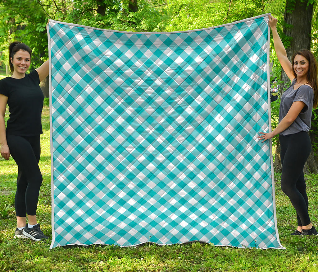 Teal And White Gingham Pattern Print Quilt