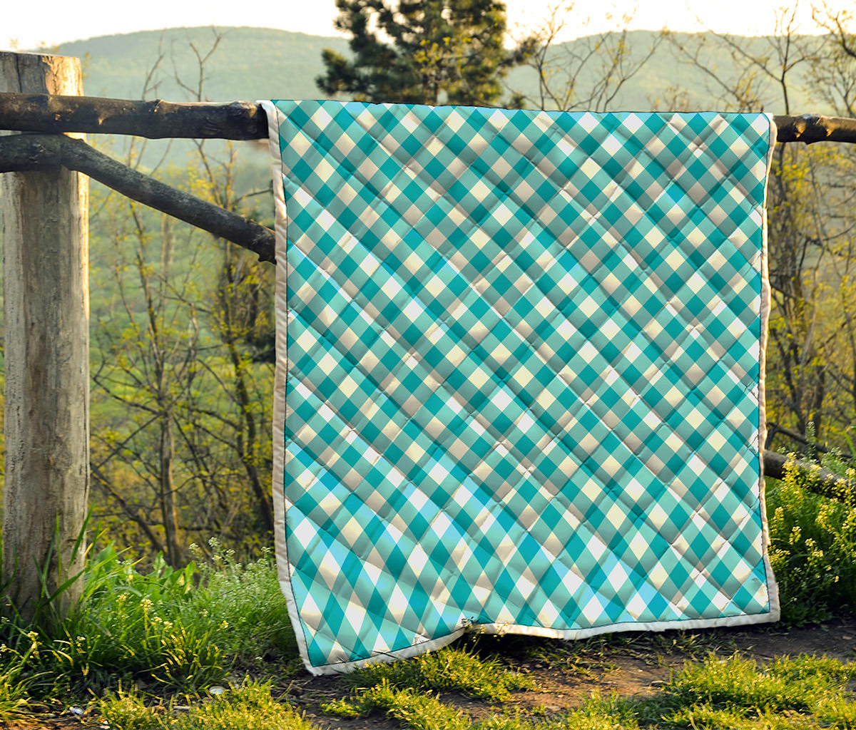 Teal And White Gingham Pattern Print Quilt