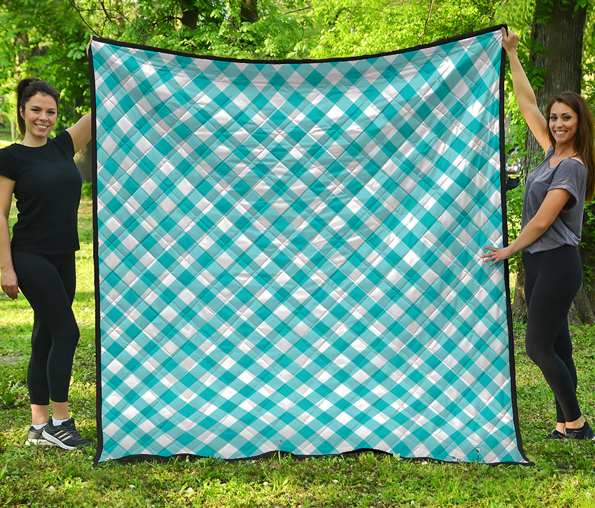 Teal And White Gingham Pattern Print Quilt