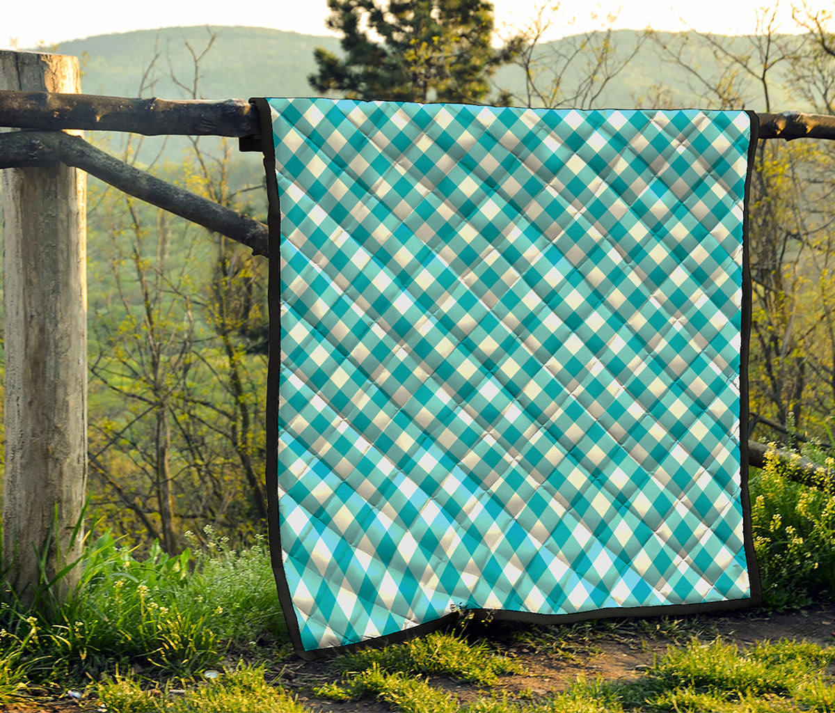 Teal And White Gingham Pattern Print Quilt