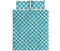 Teal And White Gingham Pattern Print Quilt Bed Set