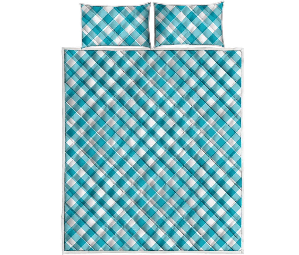 Teal And White Gingham Pattern Print Quilt Bed Set