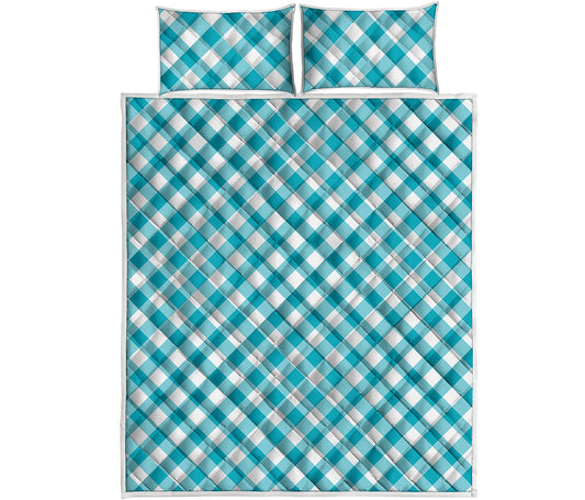 Teal And White Gingham Pattern Print Quilt Bed Set