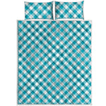 Teal And White Gingham Pattern Print Quilt Bed Set