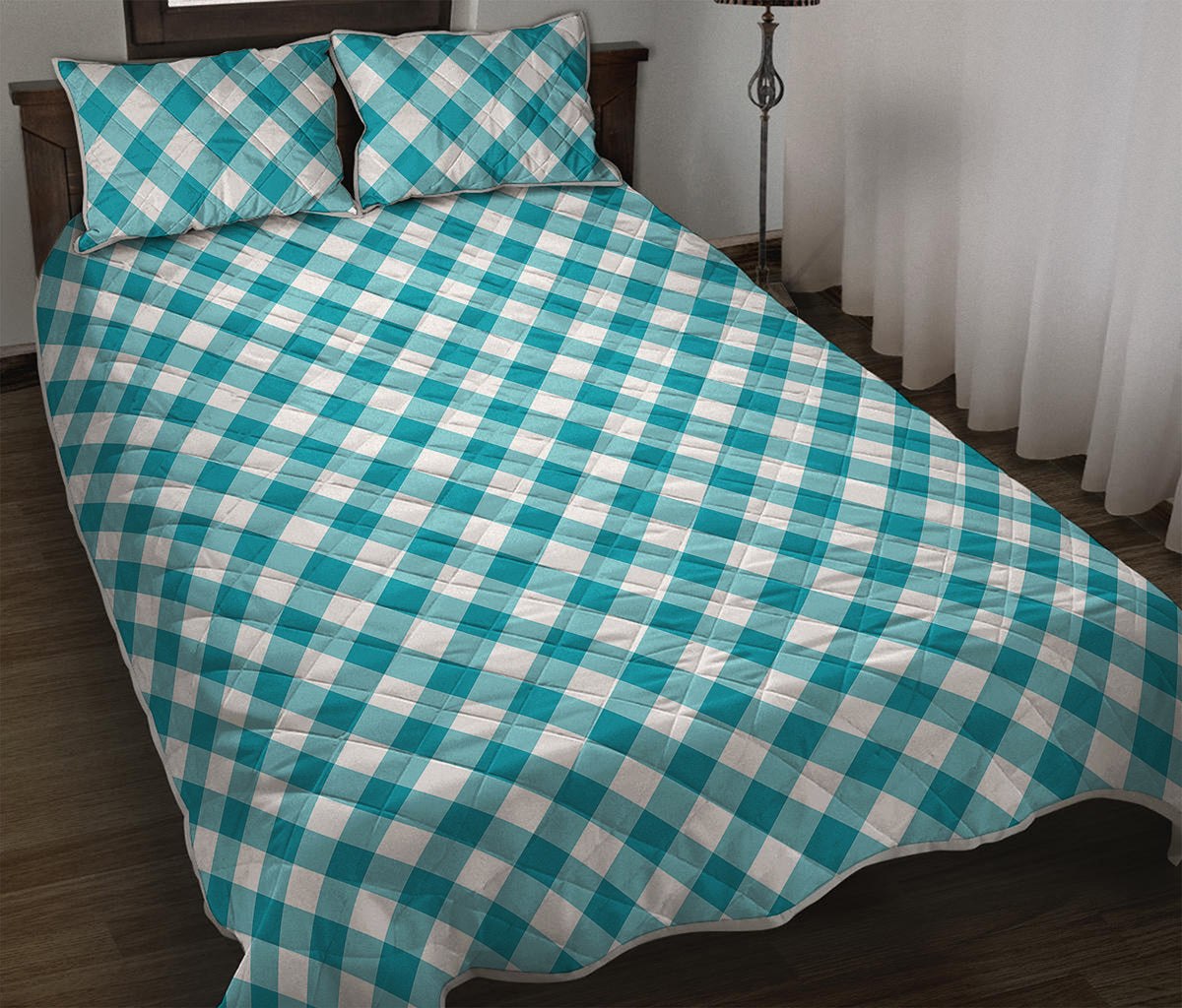 Teal And White Gingham Pattern Print Quilt Bed Set