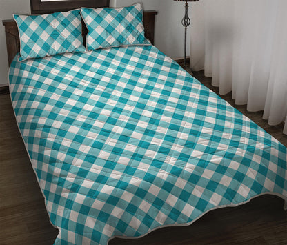 Teal And White Gingham Pattern Print Quilt Bed Set