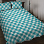 Teal And White Gingham Pattern Print Quilt Bed Set