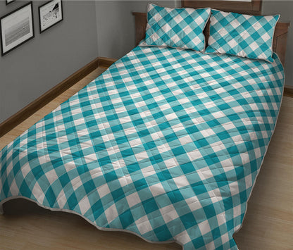 Teal And White Gingham Pattern Print Quilt Bed Set