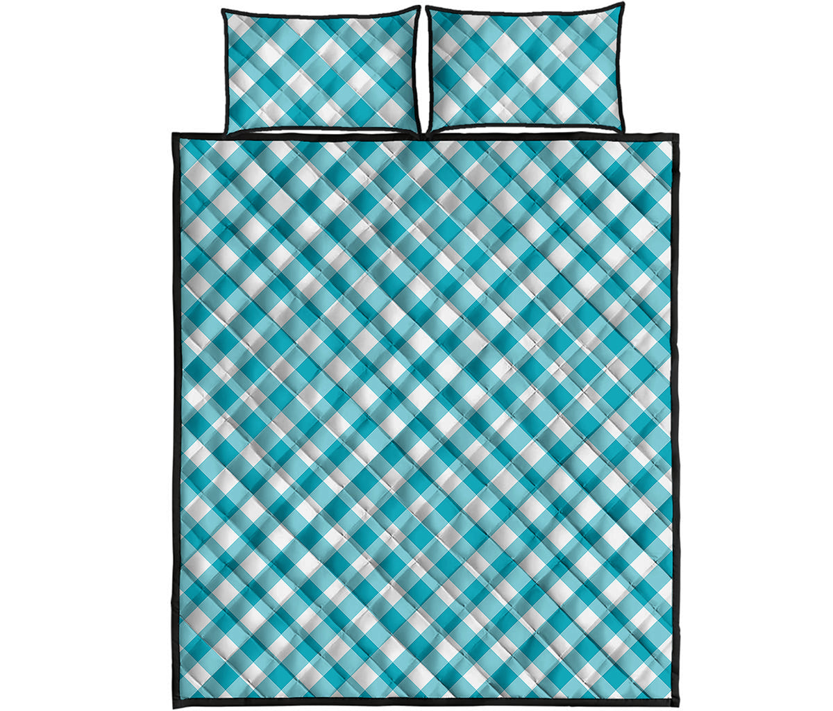 Teal And White Gingham Pattern Print Quilt Bed Set