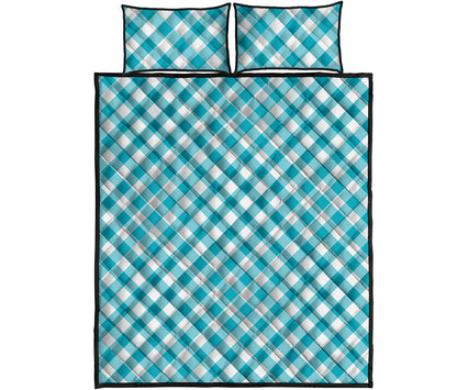 Teal And White Gingham Pattern Print Quilt Bed Set