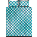 Teal And White Gingham Pattern Print Quilt Bed Set