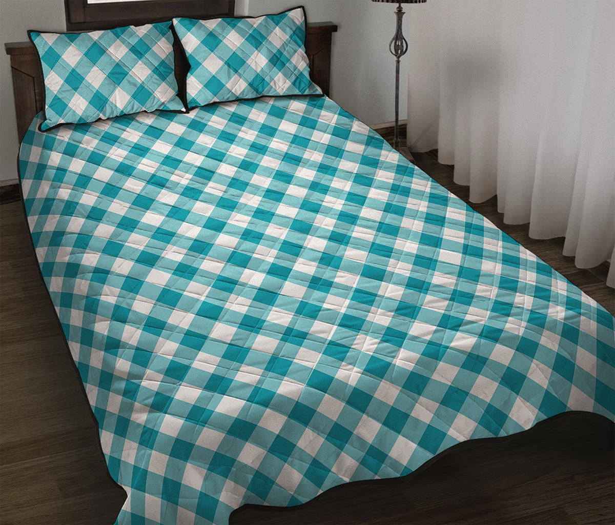 Teal And White Gingham Pattern Print Quilt Bed Set
