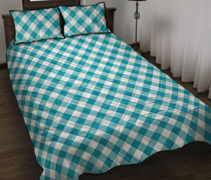 Teal And White Gingham Pattern Print Quilt Bed Set