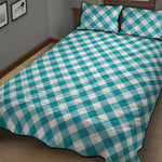 Teal And White Gingham Pattern Print Quilt Bed Set