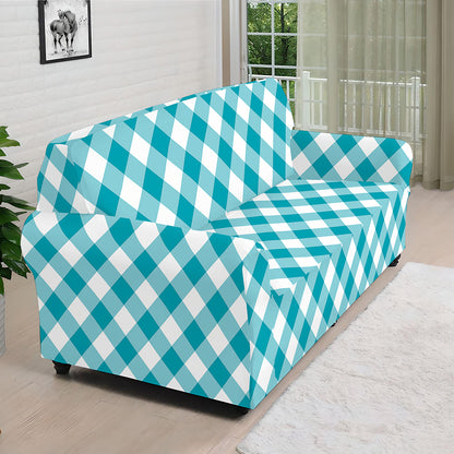 Teal And White Gingham Pattern Print Sofa Cover