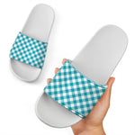 Teal And White Gingham Pattern Print White Slide Sandals