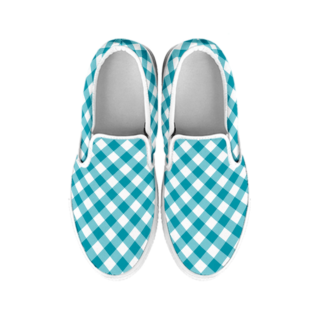 Teal And White Gingham Pattern Print White Slip On Shoes