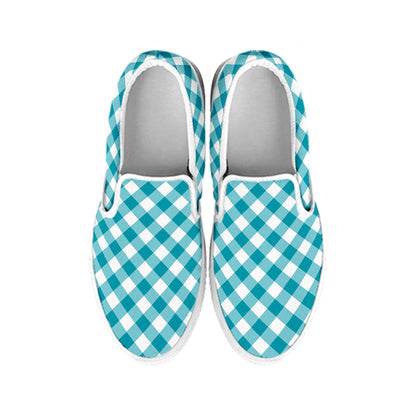 Teal And White Gingham Pattern Print White Slip On Shoes