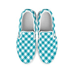 Teal And White Gingham Pattern Print White Slip On Shoes