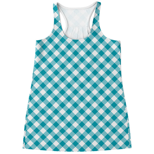 Teal And White Gingham Pattern Print Women's Racerback Tank Top