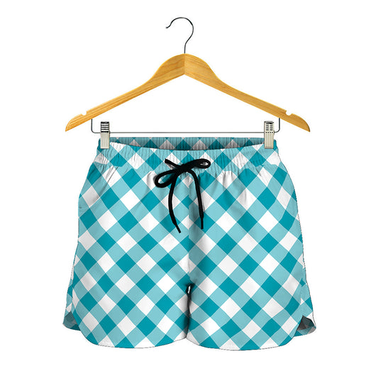 Teal And White Gingham Pattern Print Women's Shorts