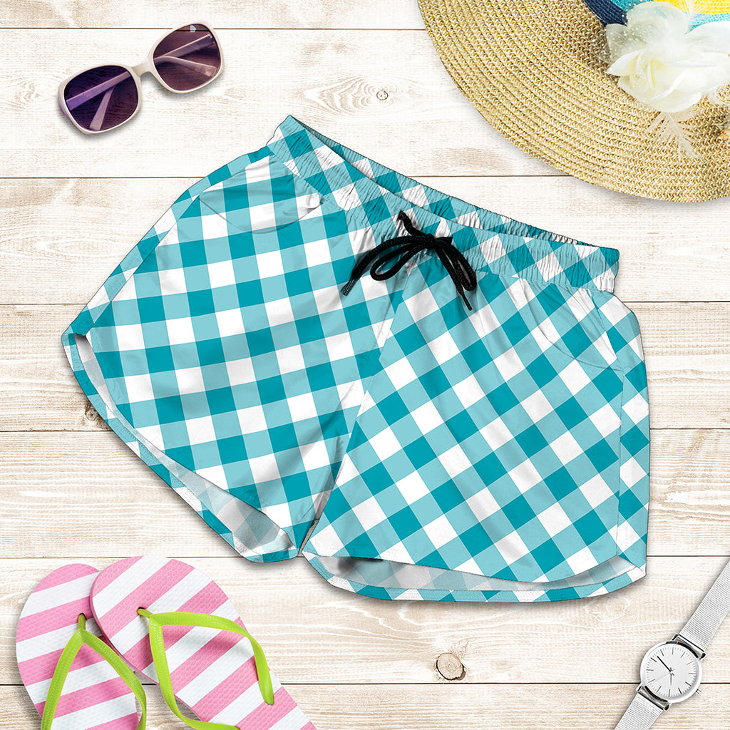 Teal And White Gingham Pattern Print Women's Shorts