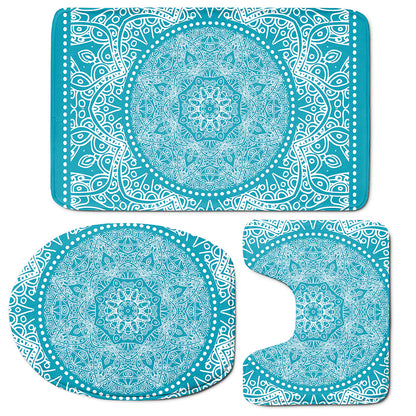Teal And White Mandala Print 3 Piece Bath Mat Set