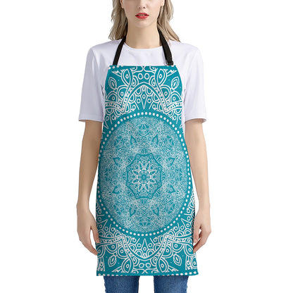Teal And White Mandala Print Apron