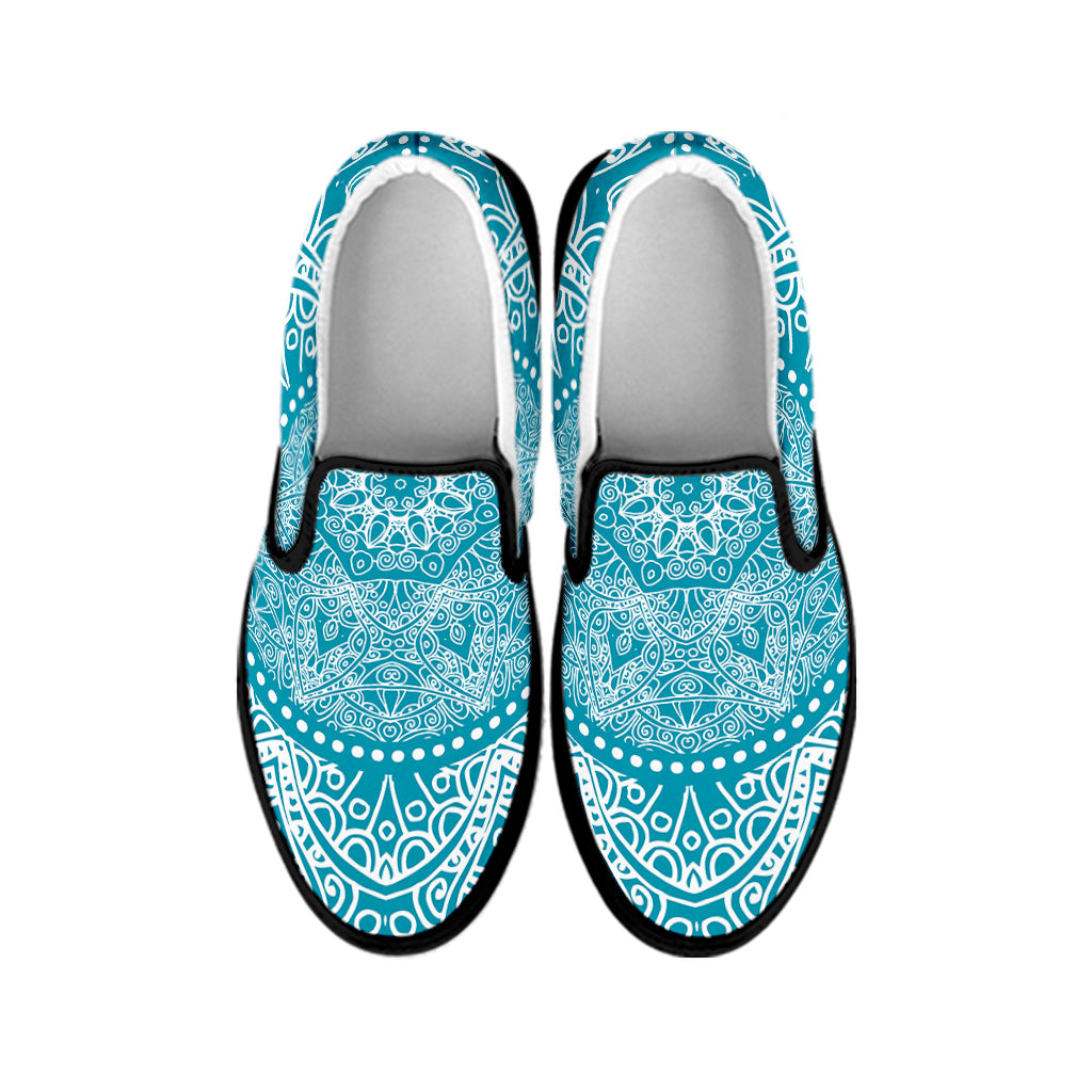 Teal And White Mandala Print Black Slip On Shoes