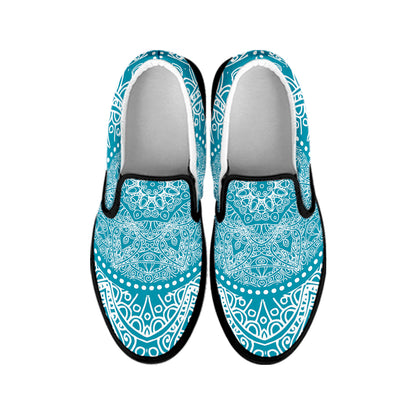 Teal And White Mandala Print Black Slip On Shoes